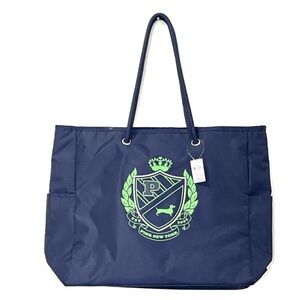 Victoria's Secret large tote reversible with pockets navy striped green